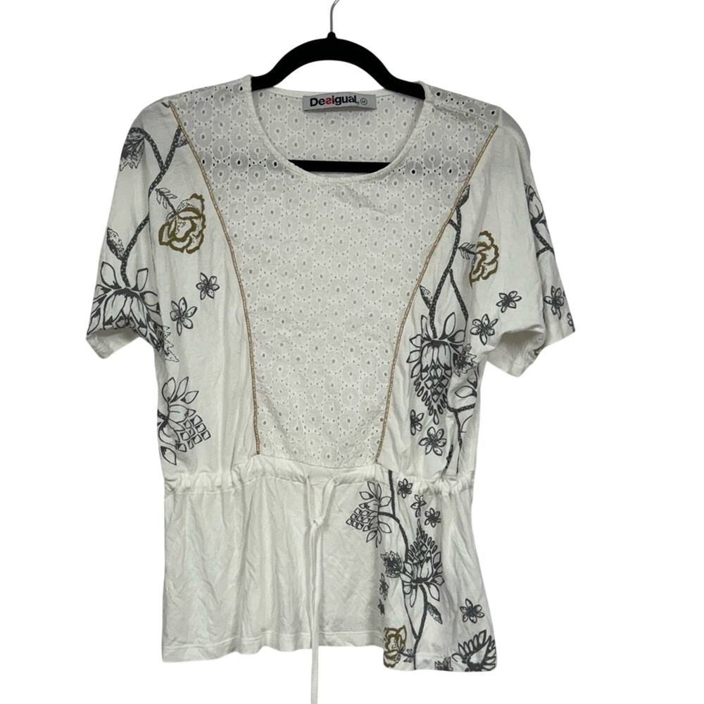 Desigual White Eyelet Short Sleeve Blouse Womens M Casual Beachy Summer Top